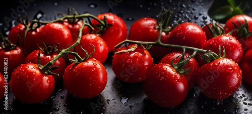 Image of tomatoes with water drops close-up. Generative AI, illustration