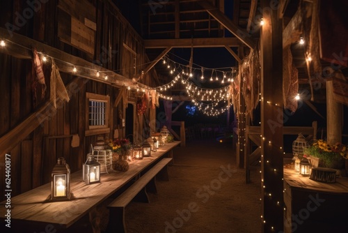 hanging lanterns and twinkling lights illuminate the barn for a festive event, created with generative ai