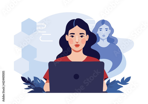 Digital Twin in metaverse, woman's Avatar connected with digital alter ego in cyberspace concept. Digital reputation. Vector.