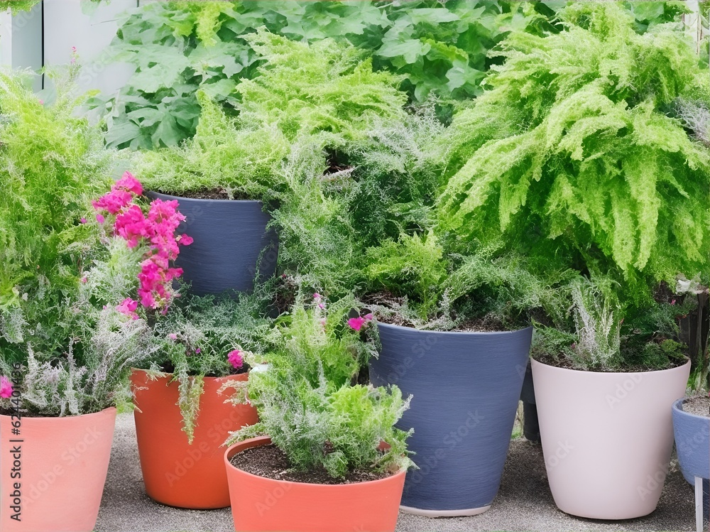 Potted plants with flowers. Illustration generated ai Potted plants with flowers. Illustration generated ai