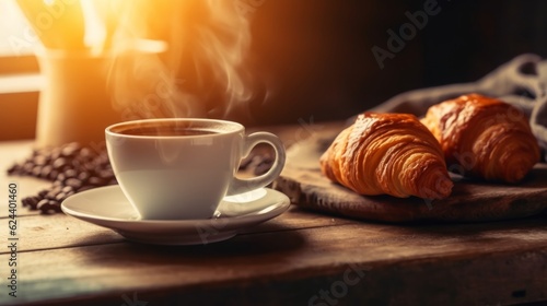 Fotografia Photo of a delicious breakfast spread with coffee and croissants on a table
