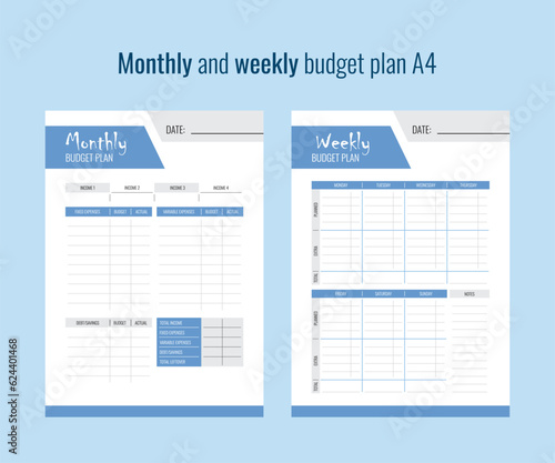 Printable monthly and weekly budget planner, vector illustration
