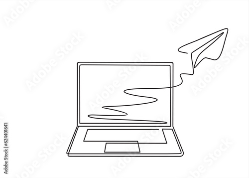 Laptop and paper plane, e mail list building illustration continuous one line art illustration. Can used for logo, emblem, slide show and banner.