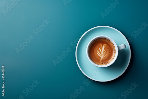 Canvas Print blue cup of coffee, top down view