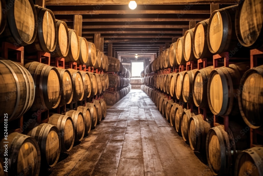 rows of whiskey barrels aging in oak casks, created with generative ai