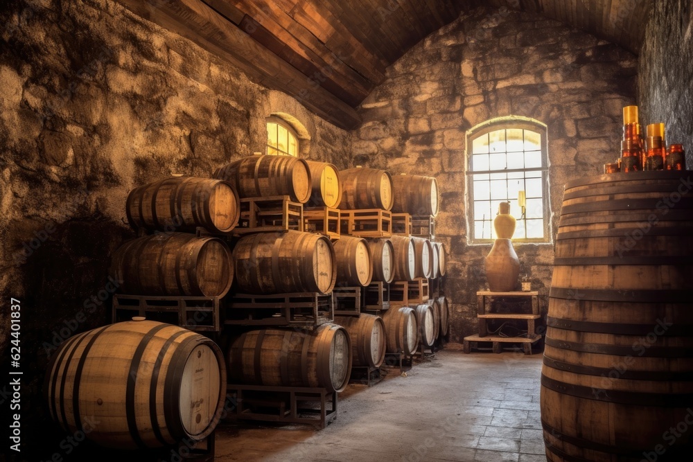 aged barrels stacked in a rustic whiskey distillery, created with generative ai