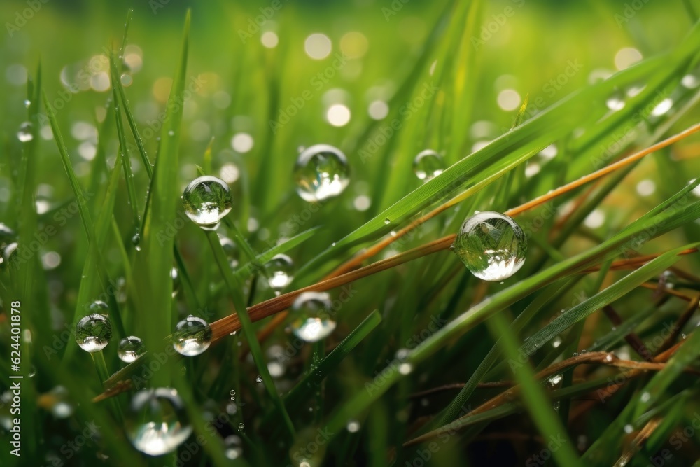 water droplets on grass from a leaky hose, created with generative ai water droplets on grass from a leaky hose, created with generative ai