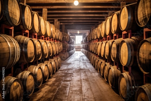 rows of whiskey barrels aging in oak casks, created with generative ai