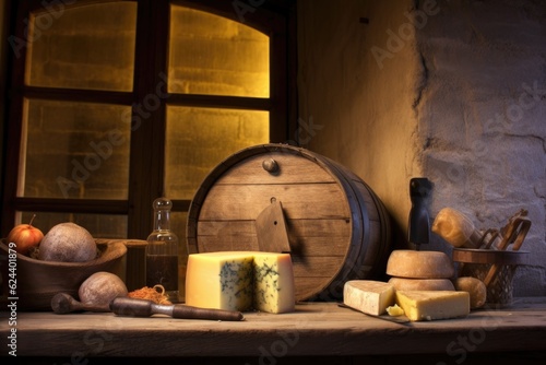 cheese wheel with aging date tag and cellar background, created with generative ai © altitudevisual