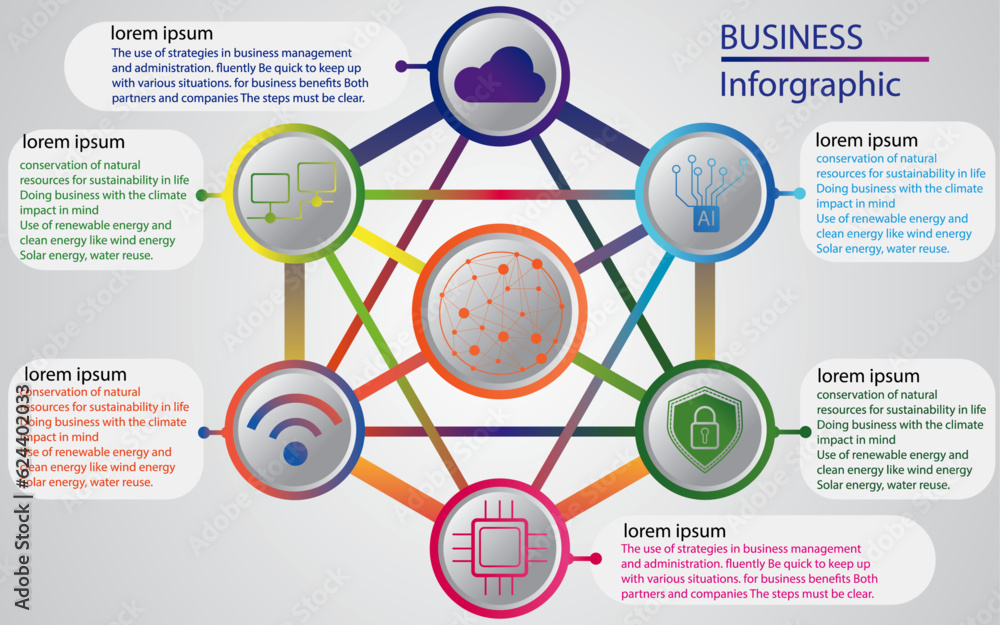 Fototapeta premium 7 way association templates, graphic templates, infographic design layouts, functional design, diagrams, flowcharts, web design, banners