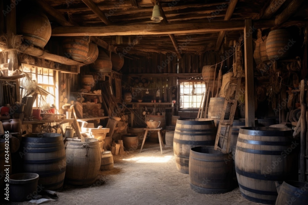 old wooden barrels stacked in rustic barn, created with generative ai