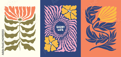 Groovy flowers vector illustration set with aesthetic quotes. Template for wallpaper, banner, postcard, poster, wall art