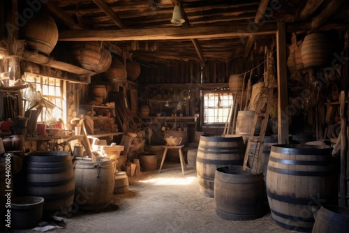 old wooden barrels stacked in rustic barn, created with generative ai © altitudevisual