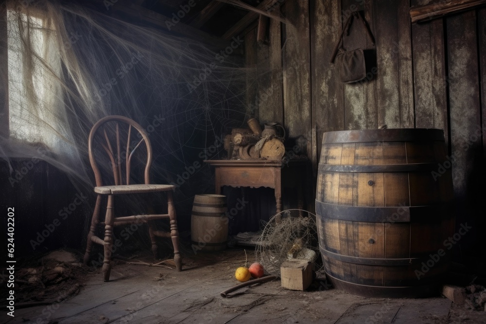 wooden barrel with cobwebs in a dusty attic, created with generative ai wooden barrel with cobwebs in a dusty attic, created with generative ai
