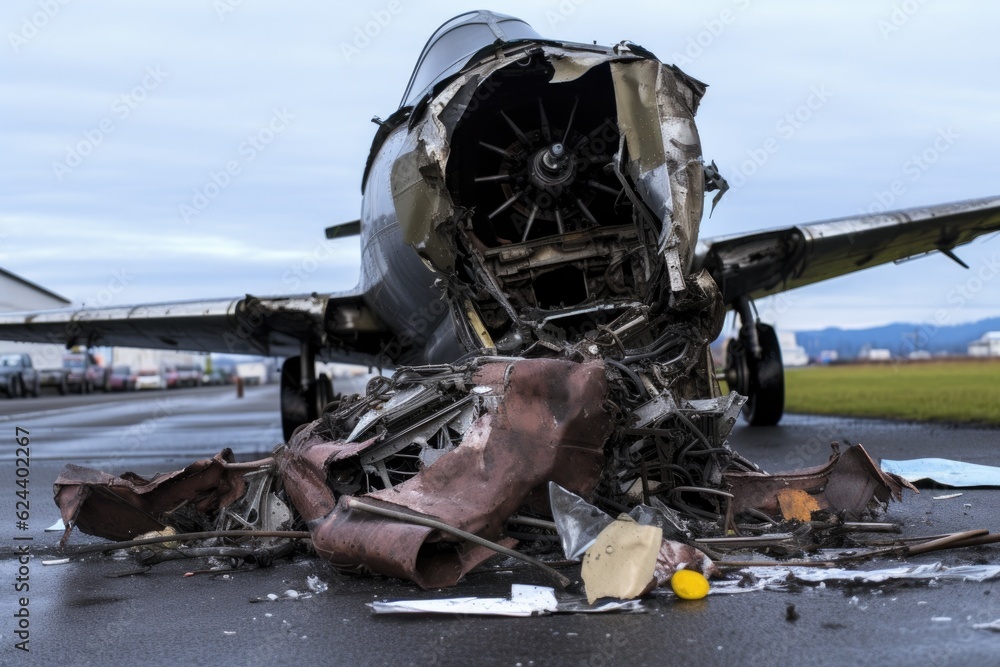 torn wing and engine parts at the crash scene, created with generative ai torn wing and engine parts at the crash scene, created with generative ai