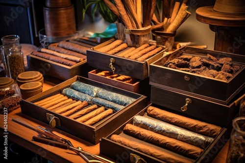 rolled cigars aging in a traditional wooden humidor, created with generative ai