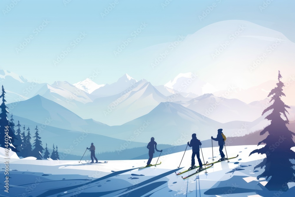 winter sport scene, with skiers and boarders on the slopes, and mountain ranges in the background, created with generative ai
