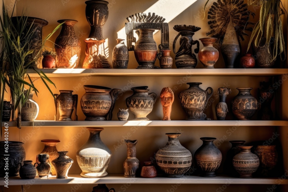 Fotografie sunlit ancient pottery displayed on a shelf, created with generative ai