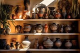 sunlit ancient pottery displayed on a shelf, created with generative ai