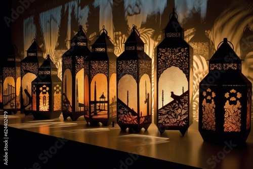 artistic display of moroccan lanterns in shadow  created with generative ai