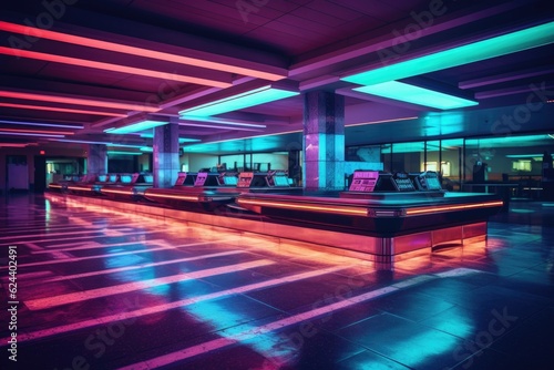 tilted angle of baggage claim area with neon lights  created with generative ai