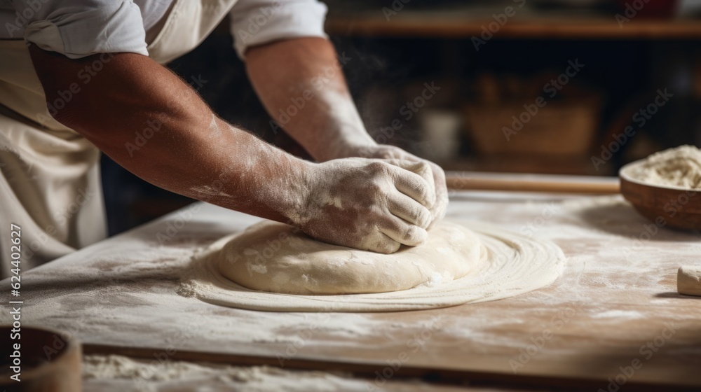 Photo of a person kneading dough on a table.generative ai