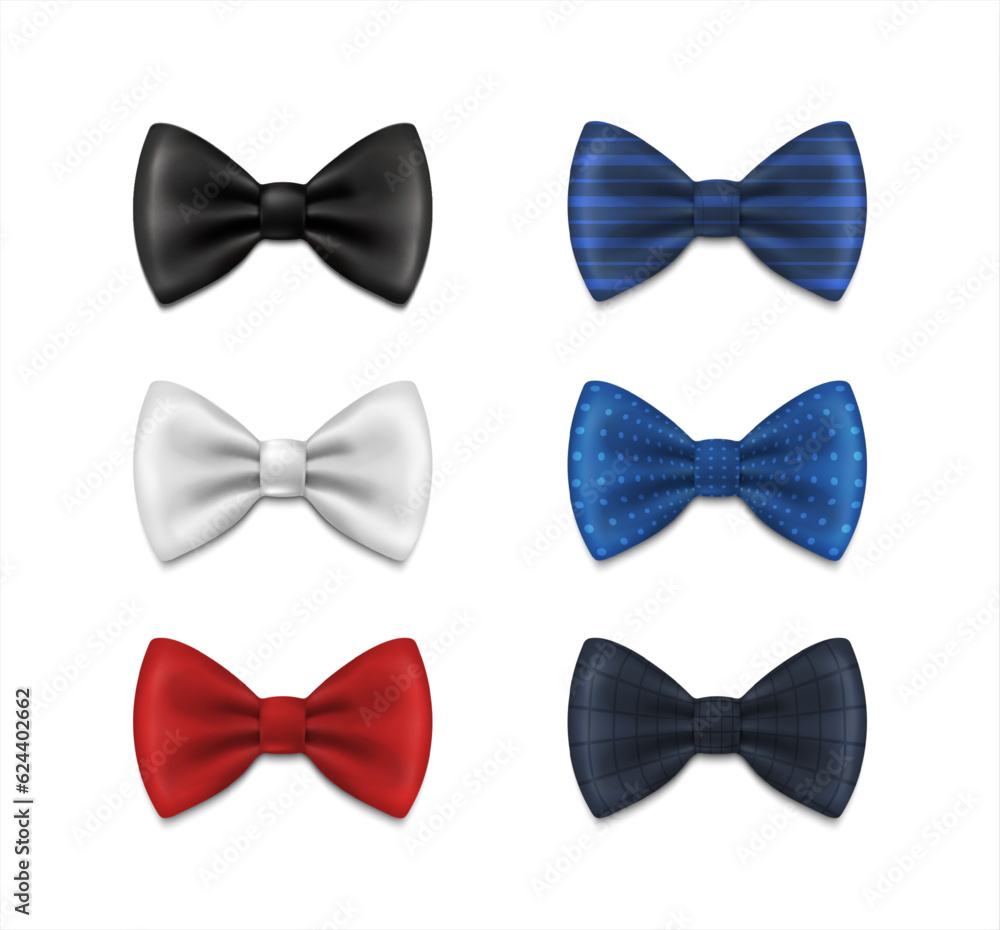 3d realistic vector icon illustration set. Collection of neck bows, black, white, blue.