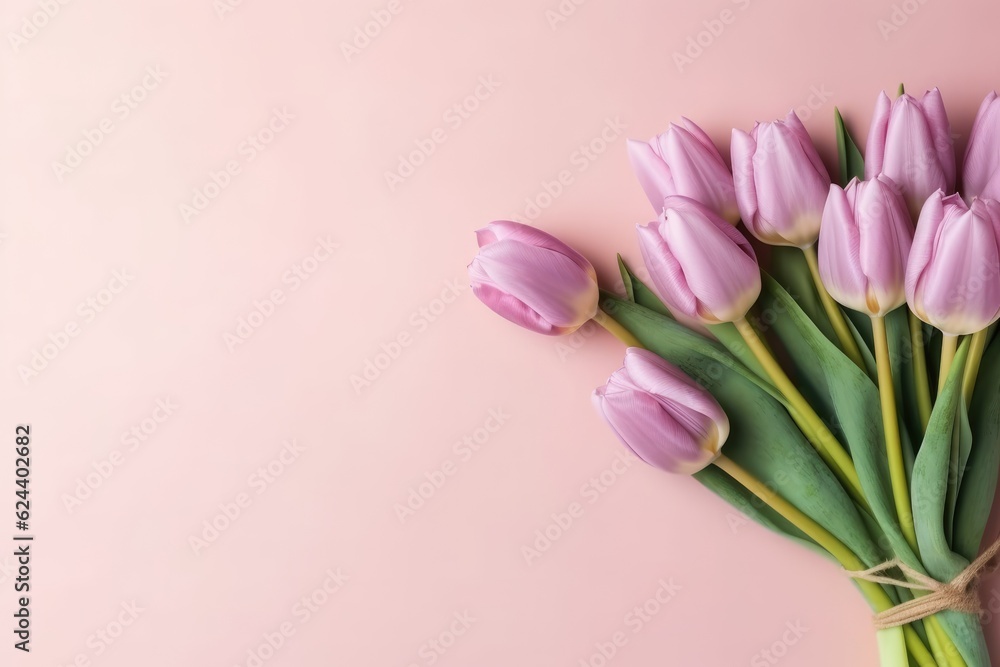 Tulips flowers on pink background. Flat lay, top view. AI Generative