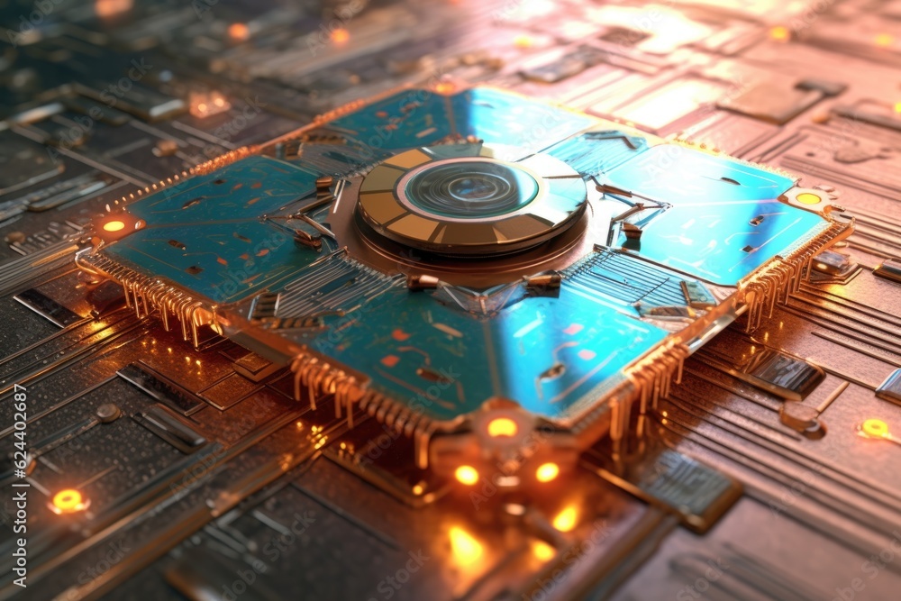 Naklejka premium futuristic bionic neural chip on a circuit board, created with generative ai