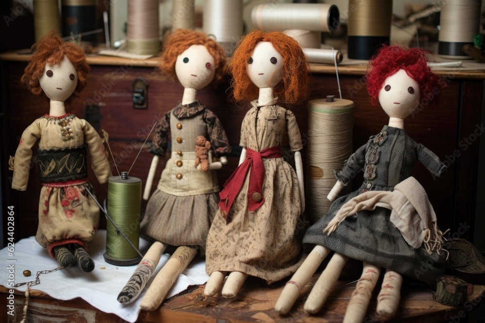 unfinished dolls with fabric, buttons, and trims, created with generative ai