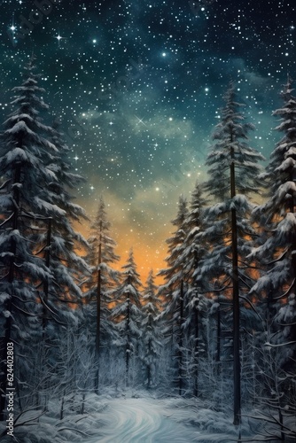 snowy winter landscape with pine trees and sparkling stars, created with generative ai