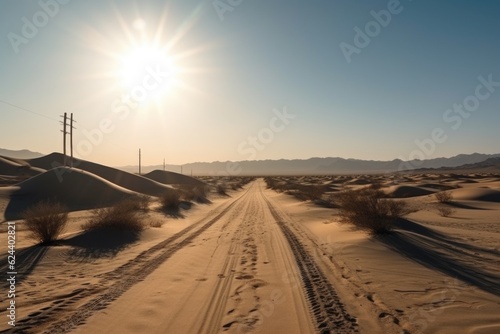 scenic road trip through the desert, with endless sand dunes and warm sun, created with generative ai