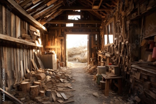 reclaimed wood and materials from collapsed barn, created with generative ai