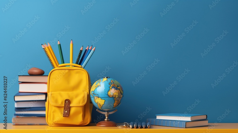 School desk with a school accessory and a yellow bag