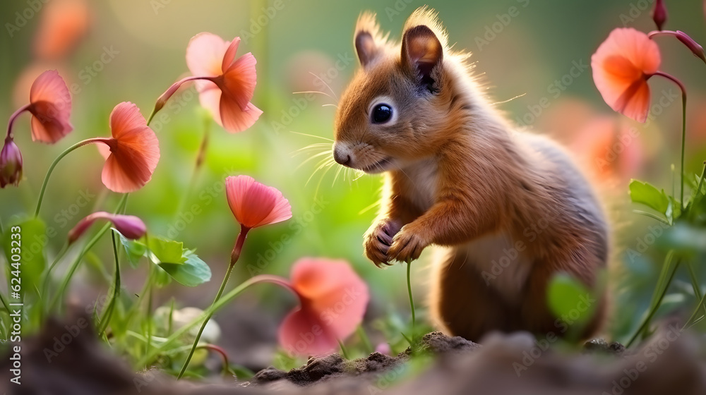 Cute squirrel and beautiful flowers in the garden. AI generated Cute squirrel and beautiful flowers in the garden. AI generated