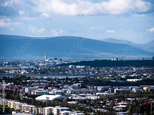 View over the city of Reykjavik, Iceland with the mountain Esja in the background