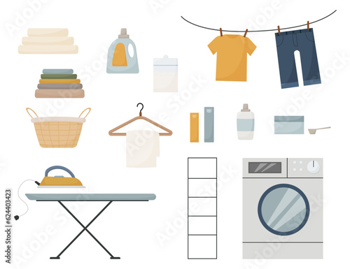 laundry room items and supplies, washing machine, iron, clothes, ironing board, basket, bottles, washing powder, hanger, vector illustration 