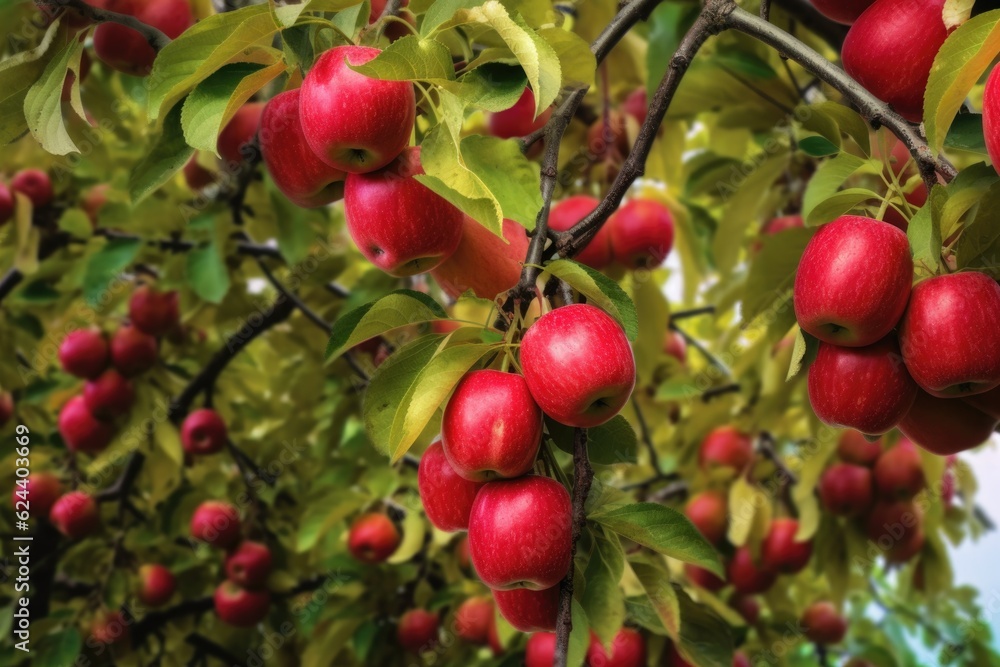 close-up of ripe apples hanging on tree branches, created with generative ai