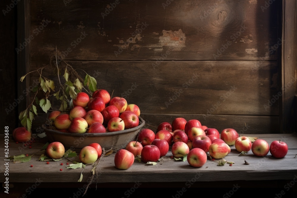 organic apples scattered on rustic table, created with generative ai