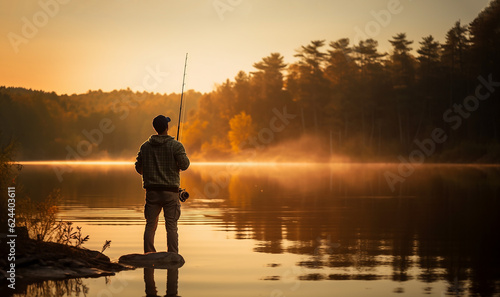 Fisher man fishing with spinning rod on a river bank at misty foggy sunrise. beautiful landscape peaceful with lake and sunlight back view copy space