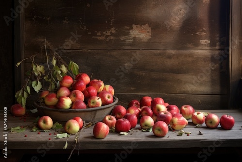 organic apples scattered on rustic table, created with generative ai
