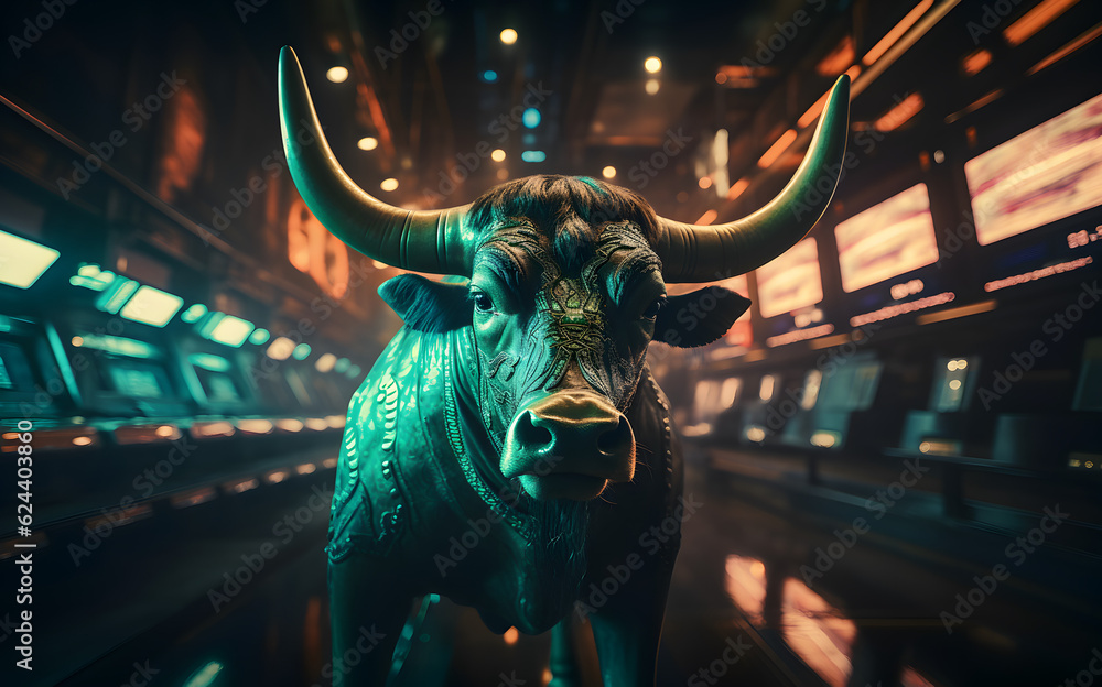 Closeup of bull. Concept of bullish market. AI generated Closeup of bull. Concept of bullish market. AI generated
