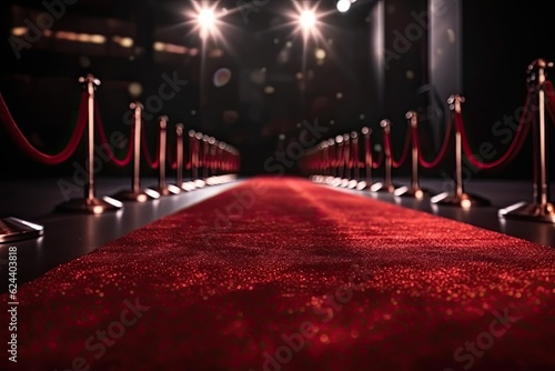 Red carpet with obstacles and red ropes for celebrity ceremony. photo