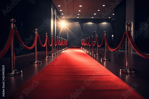 Red luxurious vip carpet with barriers and red ropes.