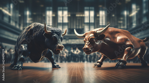 Front view of bull statues. Concept of bullish market. AI generated