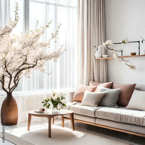 modern living room with sofa In a stylish Scandinavian living room, a vase sits on a wooden side table, showcasing blooming cherry plum tree branches. The room is bathed in soft natural light, filteri photo