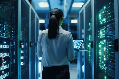 Successful people Data Center IT Specialist back view Using Tablet Computer  Turning Augmented VFX Visualization on Server Farm Cloud Computing Facility
