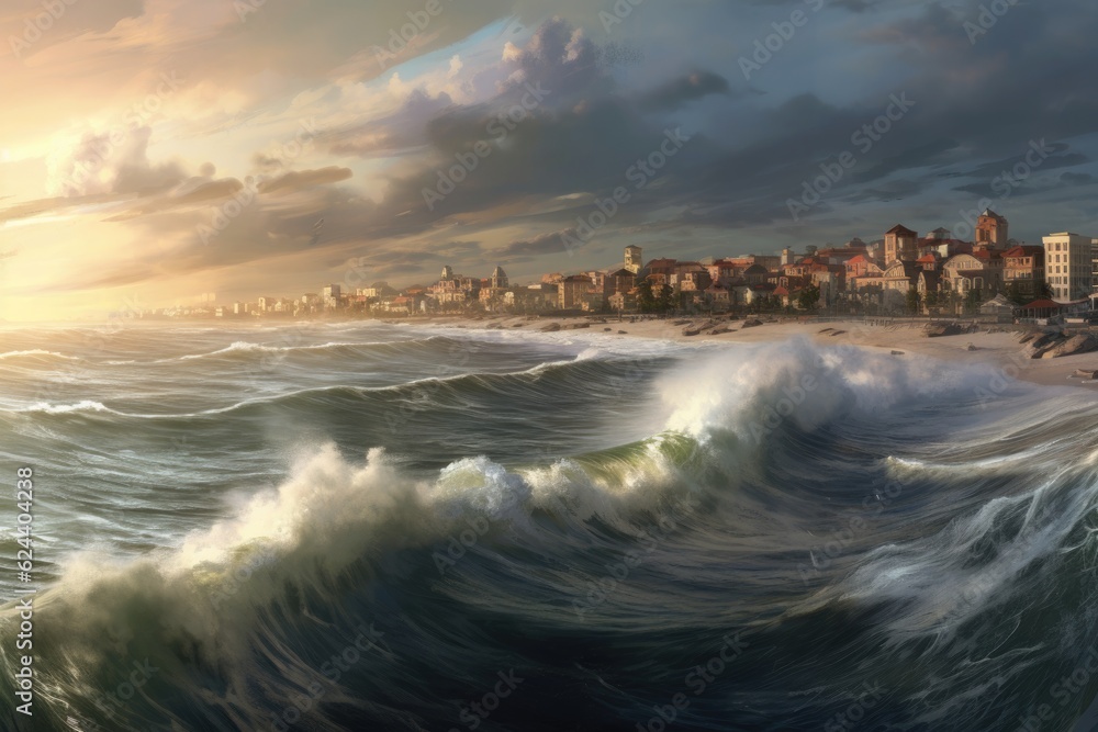panoramic skyline of coastal city with waves crashing on shore, created with generative ai