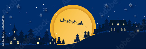 Merry christmas background. silhouette of santa claus with sled and reindeers on the sky coming at city village and christmas tree in night time with snowfall. Vector illustration