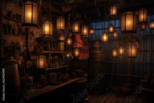lanterns glowing in a dimly lit room  created with generative ai